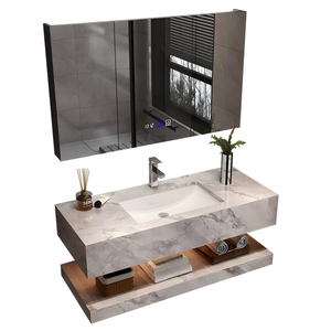 เคาน์เตอร์<span class=keywords><strong>หิน</strong></span>อ่อนติด<span class=keywords><strong>ผนัง</strong></span> กระจกอัจฉริยะ ตู้ห้องน้ำทันสมัย อ่างล้างหน้าเดี่ยว/คู่ แบบกำหนดเองสำหรับอพาร์ทเมนต์ - Product Image 2