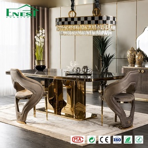 Luxury <strong>Marble</strong> <strong>Top</strong> Dining <strong>Table</strong> Sets Italian Design Metal Golden Restaurant High-end Project Furniture with 12 Chairs for Villa - Product Image 3