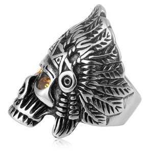 yunnique <b>Skull</b> <b>Ring</b> Stainless Steel Men's Jewelry Indian Chief Headdress Green Gemstone Inlay Fashion <b>Ring</b> Geometric Design Gift - Product Image 4