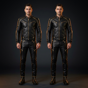 Conjunto de Chaqueta y Pantalones de Cuero Negro para Motociclismo con Detalles de Cierre Dorado para Hombre - Product Image 1