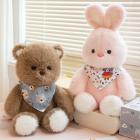 Boneka Hewan Bulu Halus Beruang Anjing Kelinci dengan Bandana, Boneka Hewan Lucu Kartun untuk Hadiah Ulang Tahun Anak