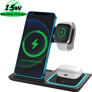 Stazione di Ricarica Wireless 3 in 1, Supporto Pieghevole Magnetico 15W per iPhone, <span class=keywords><strong>Apple</strong></span> Watch e AirPods - Product Image 1