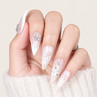 Miss Gel 32PCS Champagne Silver Glitter Press on Nails Long Stiletto White V French Snowflake Crystal Flower Glue on Nails