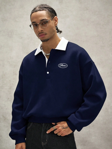 Felpa Casual da <span class=keywords><strong>Uomo</strong></span> con Stampa Lettering, Collo a <span class=keywords><strong>Polo</strong></span> e Maniche Lunghe - Product Image 5