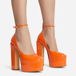 Fashion Thick Sole Pumps Block High <b>Heel</b> <b>Round</b> <b>Toe</b> Ankle Strap Women Dress Shoes Platform Patent Big Size 43 - Product Image 5