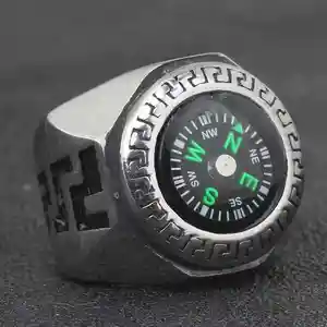 Anillo de brújula de acero inoxidable para hombre, joyería de moda de alta calidad