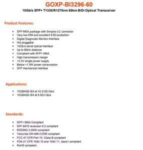 โมดูลรับส่งสัญญาณแสง GOXP BI3296-60 BiDi 1330nm TX/1270nm RX 60KM DDM LC ไฟเบอร์โหมดเดี่ยว สำหรับโทรคมนาคมและองค์กร - Product Image 4