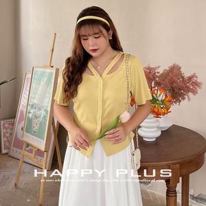 แฮปปี้ พลัสเสื้อยืดคอกลมแขนสั้นสีเหลืองครีมพลัสไซส์เสื้อลำลองฤดูร้อนสำหรับผู้หญิง - Product Image 1