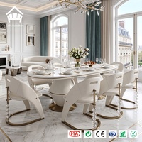 Moderne minimalistische ovale eettafel met marmeren blad, voetstuk en 8 kristallen stoelen, restaurantset, complete huisinrichting op maat