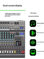 Console de mixage audio T-X12S, table de mixage 12 canaux noire avec USB, 48V, 36 effets DSP (réverbération, chorus, delay et effets Edge)
