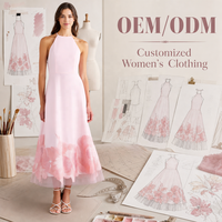 Robe Midi Formelle d'Été Rose Clair Personnalisée OEM, Sans Manches, Col Halter, Longueur Thé, Broderie Florale, Ourlet en Tulle Illusion pour Femme