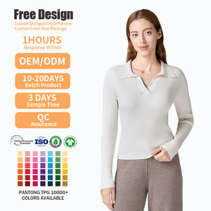 Suéter de Punto Personalizado de Moda para Otoño, Primavera e Invierno, Cuello en V, Manga Larga, Estilo Polo Acanalado para Mujer - Product Image 2
