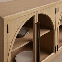 Buffet d'entrée de luxe en chêne américain moderne, meuble TV 4 portes avec verre cintrée, credenza authentique en bois massif