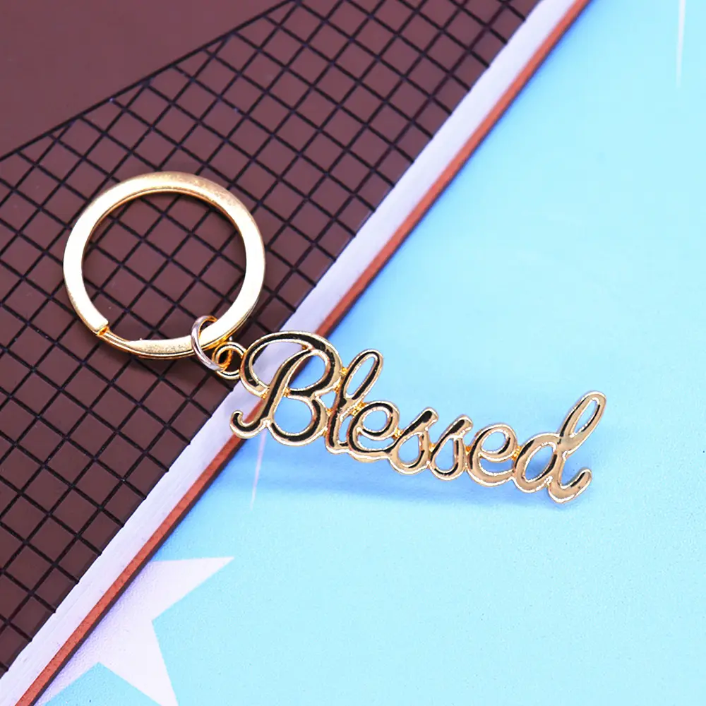 Jewelry Customize Stylish Metal Alloy Gold Plated Hollow Cut Out Letter I Am Blessed Key Chain Key Rings