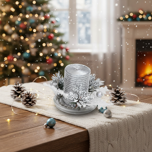 Candela natalizia argentata con piattino, decorazioni festive per la casa - Product Image 3