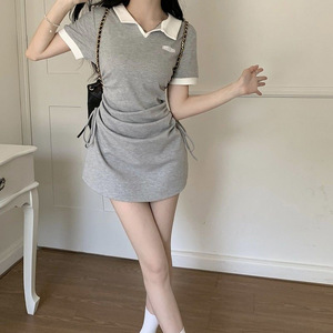 Women's Polo Collar Bodycon Dress Black Solid Color Contrast Neckline Tight Waist Short Skirt Summer Style - Product Image 3