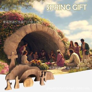 Mini estatuas de madera con escena de Pascua, decoración hecha a mano para uso doméstico en interiores - Product Image 4