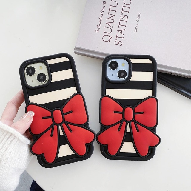Cute Kawaii 3D Striped Bow Soft Silicone Phone Case for iPhone 17 Pro Max  16 15 14 13 12  11 Shockproof Back Cover