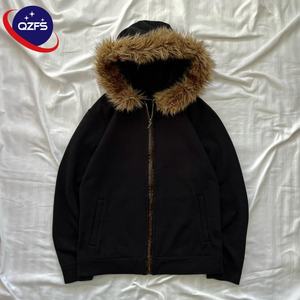 Autumn Men's 400 GSM Heavyweight <b>Hoodie</b> Vintage Zip Faux Fur Collar Digital Printing <b>3D</b> Embroidery 100% Cotton Eco-Friendly - Product Image 1