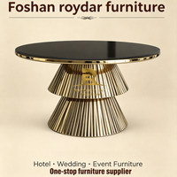 Table de banquet de luxe ronde pour mariage, base en acier inoxydable doré, plateau en verre blanc, idéale pour hôtels, événements et location de fêtes