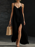 Nouvelle Robe Longue d'Été Femme Style Européen et Américain Col V Bretelles Fines pour Vacances et Plage Coupe Ajustée