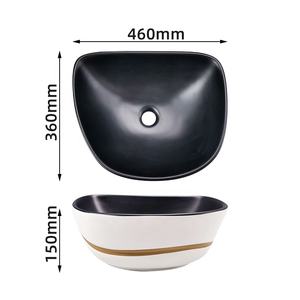 Lavabo de Cerámica Moderno con Diseño en Blanco y Negro con Borde Dorado, Lavabo Artístico para Baño - Product Image 3