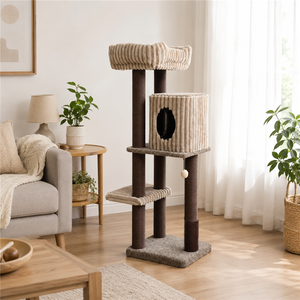 Tour d'activités multi-niveaux en velours côtelé beige, certifiée BSCI, fabriquée en Chine, avec niche fermée pour arbre d'exercice - Product Image 1