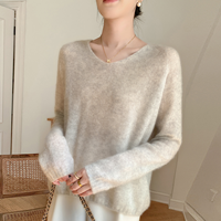 Pulls en maille ODM Fluffy 12gg, écologiques, bleu clair, de luxe, de haute qualité, en mohair et alpaga, coupe ample, col bateau, style décontracté