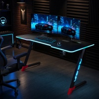 Escritorio para Juegos en Forma de Z, Superficie de Madera MDF de 18 mm de Grosor, Patas Laterales Completas, Puertos USB, Iluminación LED RGB, Portavasos, Gancho para Auriculares