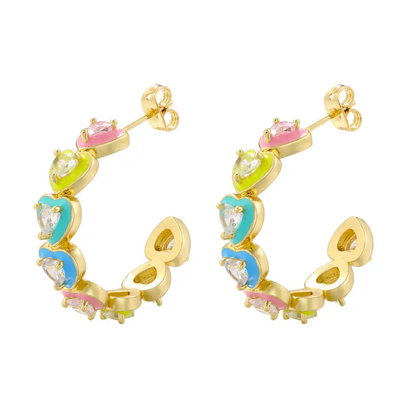 EYIKA New Design Daily Colorful Heart Enamel C Shape Earrings 18K Real Gold Plating Earrings For Girls