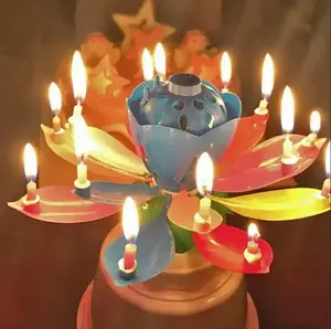 Lilin musik kualitas tinggi bunga ganda mekar ulang tahun datar berputar pesta elektronik DIY dekorasi kue lilin anak-anak