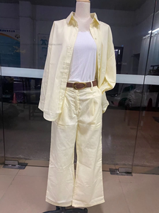 Ensemble 2 pièces pour femmes, chemise à manches longues ample en coton et lin de couleur unie et pantalon décontracté, nouvelle mode - Product Image 6