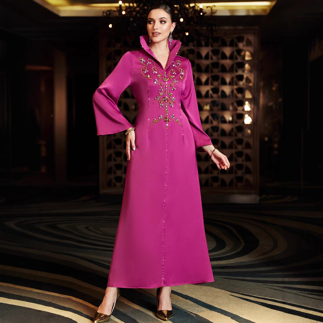 3060 Luxury Satin Dress Rose Pink Elegant Bell Sleeve Stand Collar Design  Glass Rhinestone Embroidery Ball Gown Silhouette| Alibaba.com