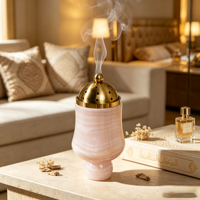Brûleur d'encens en onyx rose avec couvercle perforé en laiton, décoratif, pour Bakhoor et Oud, idéal pour le Ramadan, l'Aïd, les Majlis et la décoration intérieure arabe.