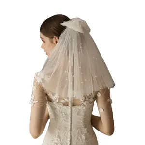 Véu de noiva com laço de tule, véu de noiva curto com pente, pérolas marfim, acessórios de casamento com 2 camadas