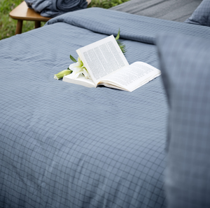 Housse de couette de luxe en coton indigo à carreaux, lavée, taille King/Queen, sur mesure pour hôtel et maison, vente en gros - Product Image 1