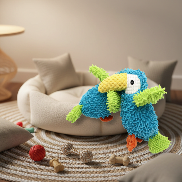 2026 Factory Cute Pet Plush Toucan Shaped Chew Molar Toys Mop Plush Bite Resistant Interactive Squeak Dog Toys Pet Accessories