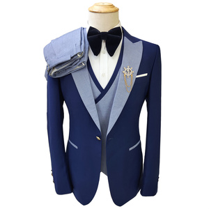 Real un botón moda fiesta trajes cuello en V cierre cuello <span class=keywords><strong>Slim</strong></span> <span class=keywords><strong>Fit</strong></span> negocios 3 piezas <span class=keywords><strong>azul</strong></span> <span class=keywords><strong>marino</strong></span> trajes para hombres MS7068 - Product Image 3