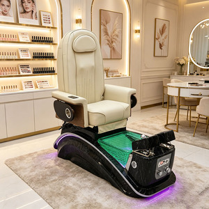 Fauteuil de pédicure de luxe beige avec lumière LED, bain de pieds spa, siège inclinable, système de jets sans tuyauterie, fonction massage et chauffage, pour salon de SPA - Product Image 3