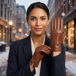Gants en cuir de mouton marron pour femmes Ikhlas Sports, doublure chaude, hiver, bouton de poignet, élégants, doux au toucher, compatibles écran tactile, détection des aiguilles - Product Image 1