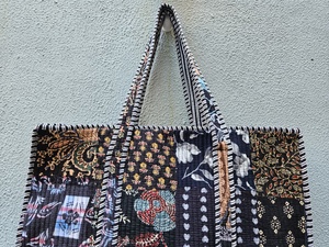 Bolsa de Tela 100% Hecha a Mano, con Estampado Floral Azul, Estilo Vintage Boho, Ecológica, para Compras, Precio al por Mayor - Product Image 3