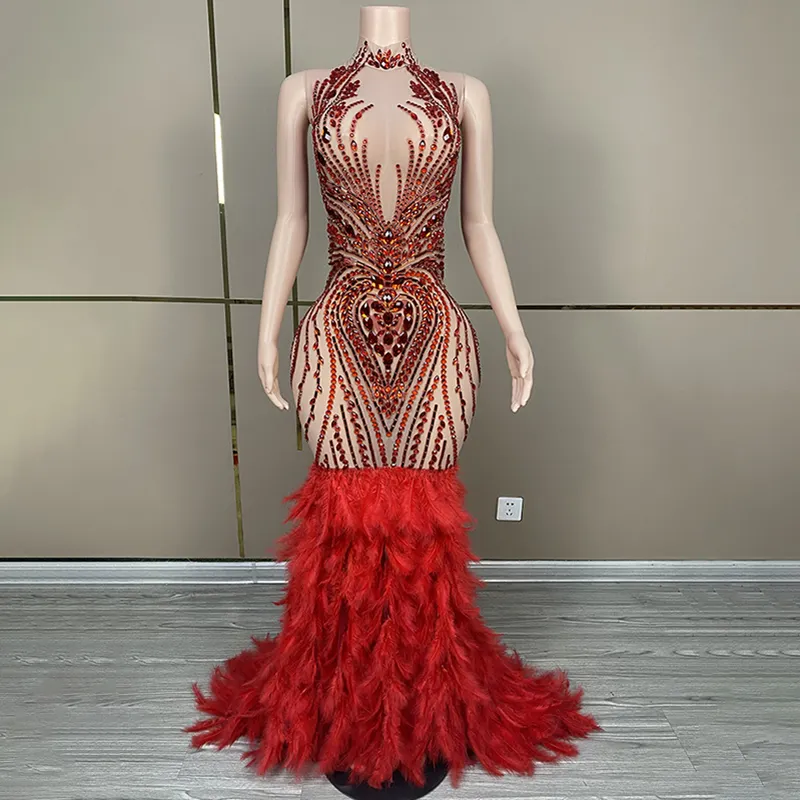 Birthday outfit new arrivals cocktail prom evening dresses red feather trim dress long sleeve high neck