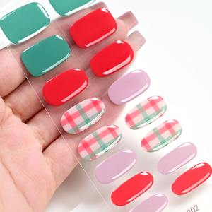 16 autocollants/kit <span class=keywords><strong>pour</strong></span> ongles en gel semi-durci, motif à carreaux rouge et vert, couverture complète, couleur unie, autocollants en gel UV, patchs de <span class=keywords><strong>manucure</strong></span> DIY - Product Image 6