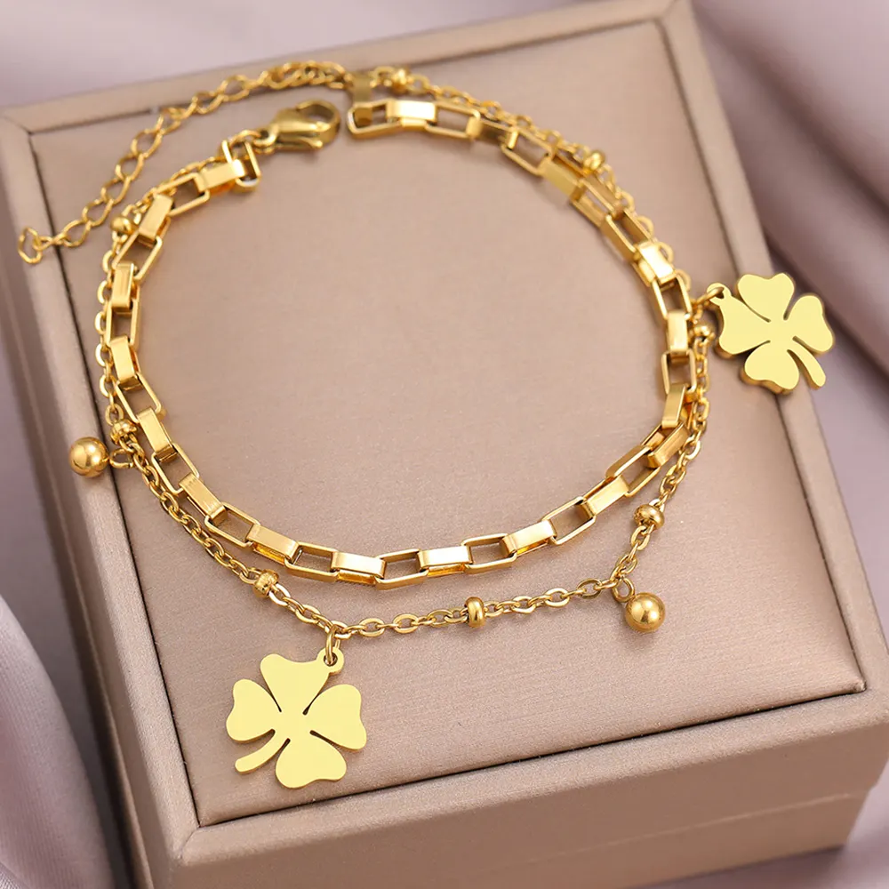 Bracelets en acier inoxydable à la mode Fine cloche trèfles pendentif perles couche chaîne mode Bracelet pour femmes bijoux Festival cadeaux
