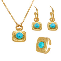 CAIOOCHE Offre Spéciale Ensemble de Bijoux Classique en Acier Inoxydable avec Pierre Turquoise, Collier, Bague, Boucles d'Oreilles et Chaînes Unisexe