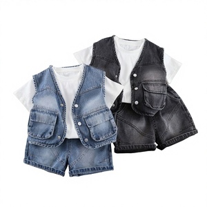 Ensemble d'été 2026 pour garçons : Nouveau <span class=keywords><strong>gilet</strong></span> en jean pour bébés et enfants, ensemble trois pièces à manches courtes, style coréen décontracté avec motif lettres - Product Image 1