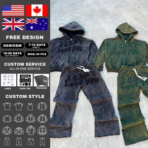 High Quality Unisex Straight Leg Sweatpants and Embroidery Double Zip up Hoodie <b>Set</b> Custom Distressed Acid Wash Men Tracksuit - Product Image 2