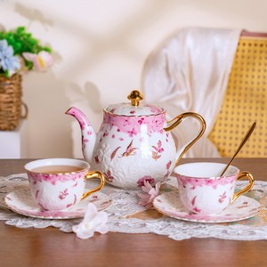 Ceramic Tea Set Floral Embossed <b>Teapot</b> with Two <b>Cups</b> and Saucers <b>for</b> Afternoon Tea - Product Image 1