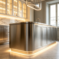 Îlot de cuisine modulaire en acier inoxydable courbé de luxe français avec robinet et charnière, armoires de cuisine modernes personnalisées avec évier