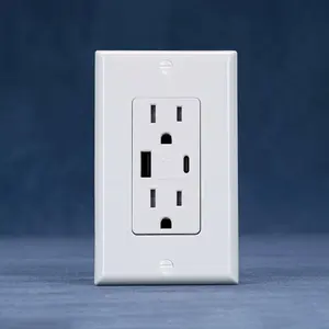 W 15A 125VAC Dual Receptacle 2 USB TYPE A+TYPE C 5.0A Tamper Resistant With Wallplate USB Power Socket